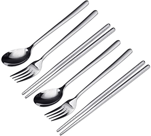 FOXAS 6-Pieces Flatware Set, Stainless Steel Cutlery Set of Fork Spoon Chopsticks, 2 Pair Korean Table Forks Soup Spoons Chopsticks for Restaurant, Home, Travel