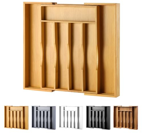 oridom Expandable Bamboo Kitchen Drawer Organizer for Cutlery and Utensils, Adjustable Bamboo Wood Cutlery Tray in Drawer for Flatware and Silverware in Kitchen, (Natural)