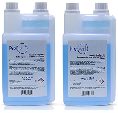 2x Milchschaumreiniger für Kaffeevollautomaten | 1000ml Reinigungskonzentrat | Spezial-Reiniger für Sahnespender und Milchschäumer alkalisch | Universell einsetzbar | Piebert® | Made in Germany