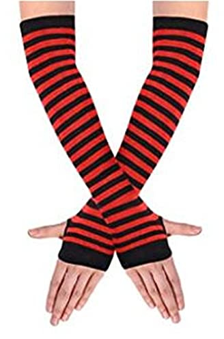Black Sugar Guantes de lana extensible a rayas gótico punk negro cálido y mango sin dedos, Red Stripes, Talla única