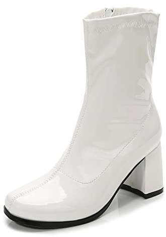 Heiyom Women's Go Go Boots Mid Calf Block Heel Zipper Boot Disco Costume Winter Shoes for Women White-41(255/US10)