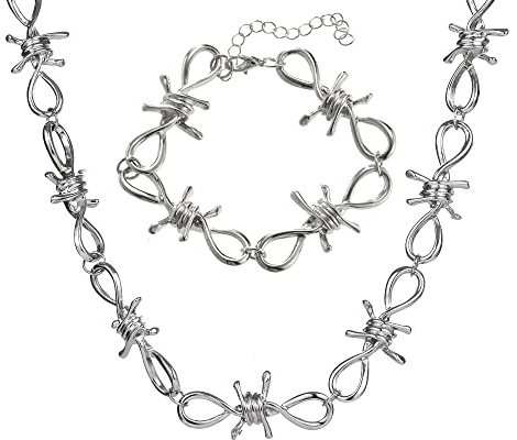 Liitata 2 Pcs Barbed Wire Necklace and Bracelet Set Gothic Thorn Choker Brambles Necklace Punk Hip Hop Rock Jewelry Chain For Men Woman Boys Girls - Silver
