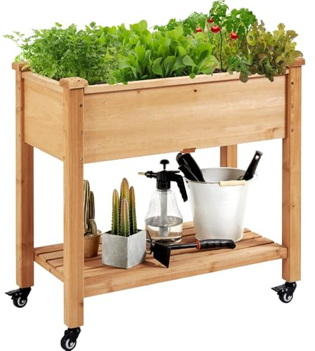 Yaheetech Fioriera/Aiuola Rialzata Orto da Balcone Letto Rialzato da Giardino Esterno per Piante in Legno Abete Naturale con Ruote Ripiano 87 x 47 x 83,5 cm