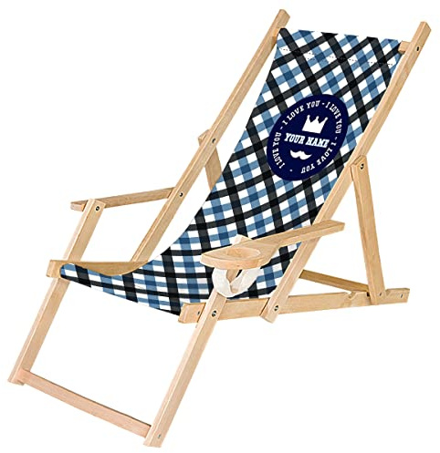 Ferocity solstol trä hopfällbar solstol med armstöd och dryckeshållare vit trädgård strandstol design blå rutig [119]