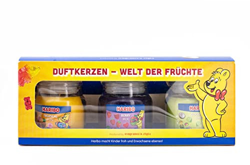 Haribo Doftljus Presentset | Fruktkraft | 3 x Fruktiga Ljus | Presenter Till Kvinnor | Ljusset för Hem | 3 x 85 g i Glas