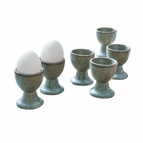 LOBERON Eierbecher 6er Set Biarré, aus Steingut mit Zierendem Farbrand - Handgetöpfert - Glänzende Oberfläche - 6.5cm, türkis/braun