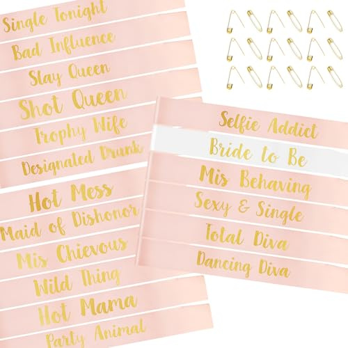 PHOGARY 18 Stück Schärpe Junggesellinnenabschied Schärpe Braut Team Bride Schärpe Set, 1 Bride to Be Schärpe + 17 Bride Tribe Schärpen für JGA Party Accessoires JGA Deko (Rose Gold + Weiß)