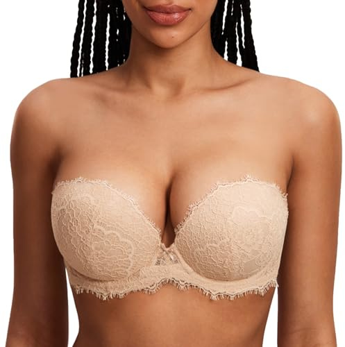 DOBREVA Sujetador de Encaje Push Up sin Tirantes para Mujer con Aros y Relleno Beige 105C