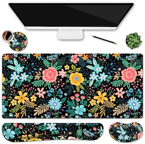 Lot de 4 tapis de souris pour clavier + repose-poignet pour clavier + sous-verre ergonomique XXL avec support de poignet – Tapis de souris ultra épais (90,2 x 40,1 cm) – Pour la maison et le bureau –