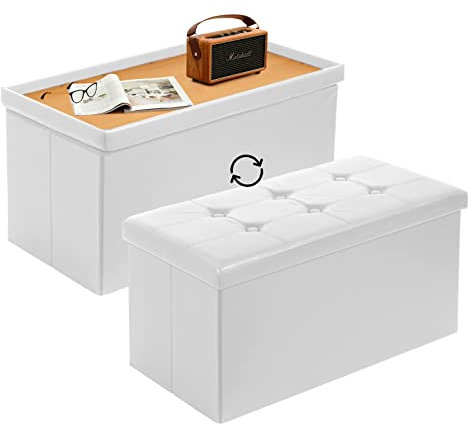 Todeco Coffre de Rangement avec 2 en 1 Couvercle, Banc de Rangement Pliable Similicuir, Ottoman avec Espace de Stockage, Pouf Rangement Interieur 80L pour Salon Chembre,Blanc