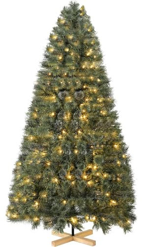 Künstlicher Weihnachtsbaum 210cm, Nordmanntanne Premium, Naturgetreue Vorbehandelte Kiefernnadeln, Dichte Zweige, Tannenbaum mit Handgefertigtem Holzständer, 300 Warmweißen Lichtern, 600 Spitzen