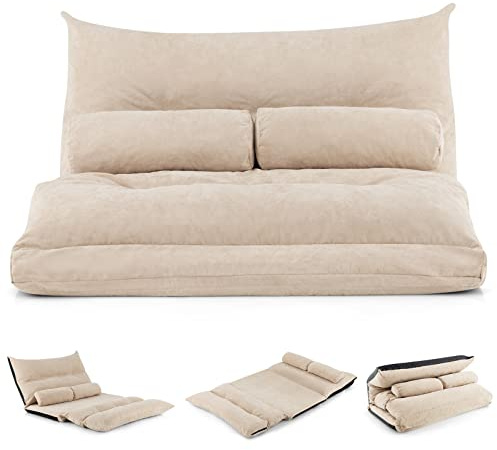 COSTWAY Divano da Terra Pieghevole, Divano Letto 2 Posti con Schienale Regolabile, Divano da Pavimento Trasformabile con 2 Cuscini per Camera da Letto Salone Balcone (Beige)