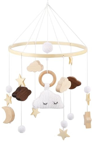 HOUSINN Babe Mobile Baby Windspiele mit Filzbällen Wolken Sterne, 3D Wolken Mobile Baby Hölz Babybett, Mobile Babyzimmer Holz Gehäkelt zum Aufhängen Babybett Kinderbett Wickeltisch Deko Grau
