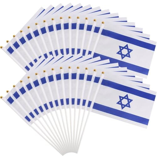 50 Stück Mini-Israel-Flagge, kleine handschwenkende Flagge, israelische Nationalflagge, handschwenkende Flagge mit Kunststoff-Fahnenmasten für den Außenbereich