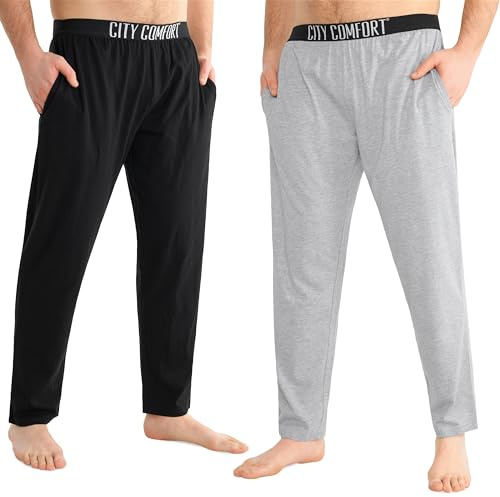 CityComfort Largo Pantalon Pijama con Bolsillos para Hombre, Pack de 2 (XL, Negro/Gris, Cintura elástica)