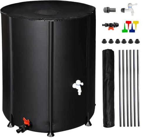 132 Gallon Collapsible Rain Barrel, Water Storage Tank, Portable Rainwater Collection System, Rain Catcher Barrel with Two Spigots and Overflow Kit, Rain Water Barrel Collector for Garden, Black