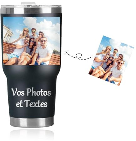 Seguire Cafetière personnalisée avec des images nom de texte tasse personnalisée pour elle, tasse de voyage de café pour la famille, cadeau personnalisé pour maman anniversaire papa ami (Noir)