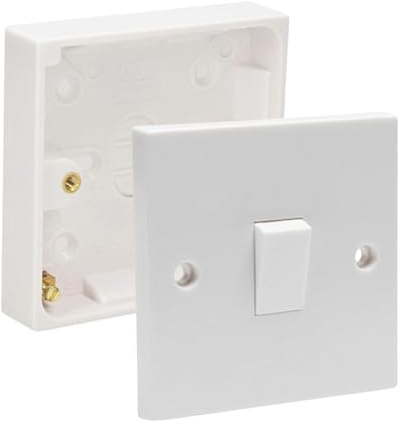Electric Wall 10A Light Switch 1/2/3 Gang 2 Way Rocker Standard White Square - Compatible with Single 16/25/35/47mm Pattress Back Box Surface Mounted 1 Gang (1 Gang Switch, SET with 16mm Box)