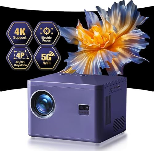 4K Projector with Electric Focus & 6D/6P Keystone & Zoom, 5G WiFi Bi-Channel Bluetooth, Portable Movie Projector for TV Stick, Phone, Laptop