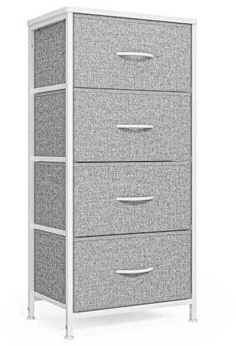 Xbro Kommode mit Schubladen, Schmale Kommode mit 4 Stoffschubladen, Aufbewahrungsschrank für Schränke, Kommode mit Holzplatte und Metallrahmen für Schlafzimmer, Wohnzimmer, Flur (Grau)