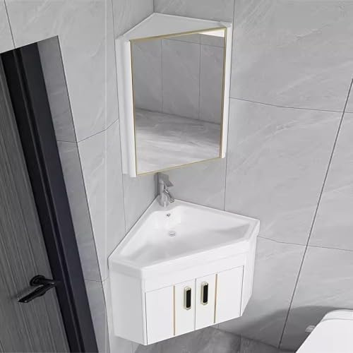 Mueble BañO con Lavabo, Tocador de BañO con Lavabo de CeráMica, Lavabos Esquineros Y Gabinete con Espejo, Lavabo de BañO Combinado con Grifo Y Drenaje for Espacios PequeñOs(White,38*38*42 cm)