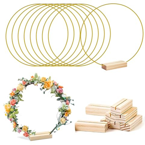 LWuuywa 8 Stück Metallring zum Basteln, 25cm Tafelaufsätze Makramee Ringe mit Holz Kartenhalter DIY Kranz Handwerk Traumfänger für Hochzeitskranzdekor und Wandbehang (25cm golden Ring)