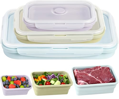 Lot de 3 grands récipients alimentaires pliables avec couvercles pour le camping et les voyages | Bols de rangement en silicone anti-fuite 2000 ml/1200 ml/800 ml, passent au lave-vaisselle