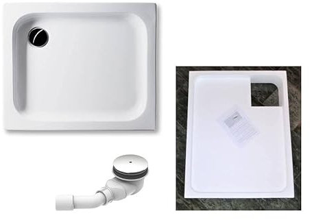 KOMPLETT-PAKET: Duschwanne 90x75 cm flach 6,5cm weiß Acryl + Styroporträger/Wannenträger + Ablaufgarnitur chrom DN 90 / Gesamthöhe ca. 19,5cm/ Deutcher Hersteller (weiß, 90 x 75 cm)