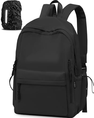 FIORETTO Backpack Womens School Bag Girls Boys, Lightweight Water-Resistant Fits 15.6” Laptop Large Capacity Rucksack with Rain Cover, Ideal for School College Commuting Travel Black