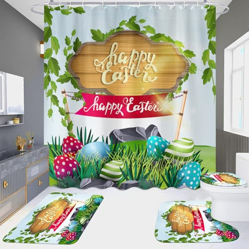 Duschvorhang Bunte Ostern Badezimmermatte Verdickung Fußmatte Set,Badevorhang Stoff+Badezimmerteppich rutschfeste(50x80cm)+U-Typ Bath Mat Wasseraufnahme+Toilette Badmatte