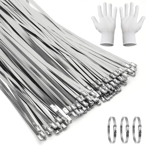100 Stück Edelstahl Kabelbinder, 300 x 4,6 mm Silber Selbstsichernde Metallbinder Edelstahlbinder aus Edelstahl 304, Maschendrahtzaunbinder für Auspuffaufwicklung Kabelbündelung Gartenpflege