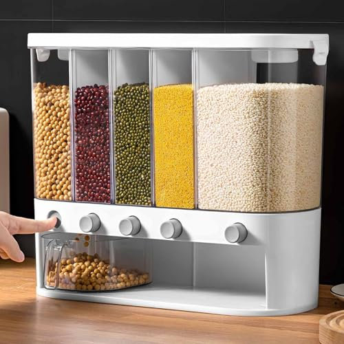 NLLATEI Müslispender 10 L Wandmontierter Trockenfutterspender Mit Messbecher, Reisspender Mit 5 Fächern Für Die Arbeitsplatte, Für Getreide, Reis, Bohnen(White)