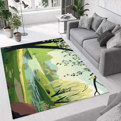 Tappeto Salotto Lavabile in Lavatrice, 140x200cm,Verde Lime Tappeto Riva Fiume Sorgente Salici, Tappeti Pelo Corto per Camera da Letto, Soggiorno, Paesaggio Astratto Motivo Carpet Morbido