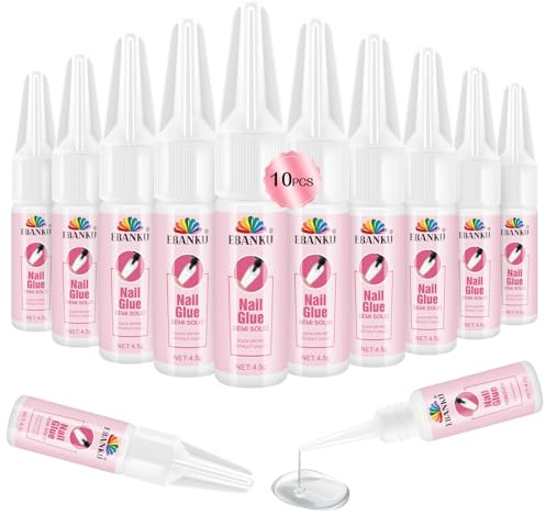 EBANKU 10PCS Colla per Unghie Finte Solido, Sulle Unghie Super Forte Colla Unghie Finte Per Le Unghie Acriliche, Lampada UV Non Necessaria, Asciugatura Rapida e Lunga Durata Colla