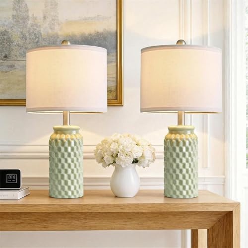 Vortether 20.5 Small Bedside Lamps Set of 2 with 5FT Cord, Green Ceramic Modern Farmhouse Table Lamps for Nightstand, Living Room, Bedroom, 3D Honeycomb Stylish End Table Lamps(Bulb Not Included)