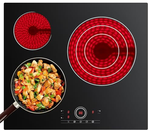 CDV Plaque de Cuisson Electrique, Plaque Vitrocéramique 3 Feux Encastrable, 5600W, 59CM, Commande Tactile, Minuteur, Pour tous Types de Casseroles