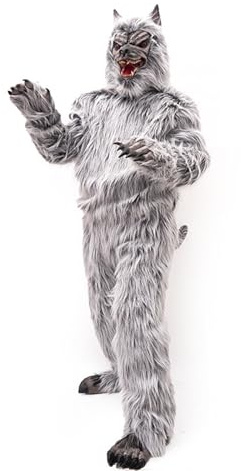 Full Body Plush Big Bad Wolf Costume with Mask and Feet Tail,Halloween Furry Animal Werewolf Costume,Realistic Fursuit Grey Wolf Jumpsuit Cosplay Outift(5'4-7'1)