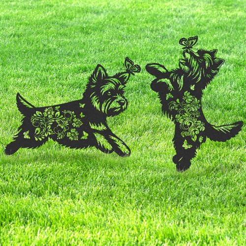 LIRAVENO Yorkie Metal Garden Stakes - 2 Pcs Dog Yard Statues Decor | Animal Decoration Outside Patio Lawn Waterproof Butterfly Silhouette Pathway Sign Christmas Birthday Gifts for Dogs Lover