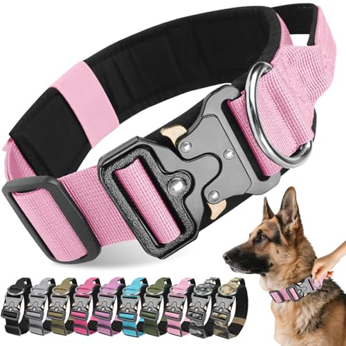 Viugex Hundehalsband Verstellbar mit Kontrollgriff, Taktisches Nylon Hunde Halsband mit Metallschnalle, Langlebig, Wetterfest & Komfortabel, für Welpen Kleine Mittlere Große Hunde (Rosa, L)