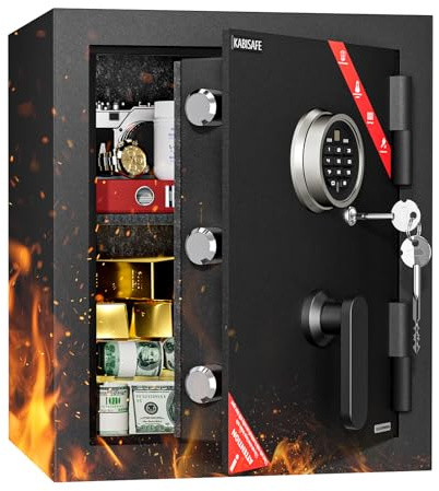 KABISAFE Cassaforte antincendio, 79,8 l, acciaio ondulato, cassaforte con 1 ripiano rimovibile, impronte digitali (20 utenti), codice numerico digitale, chiave di emergenza per contanti, gioielli
