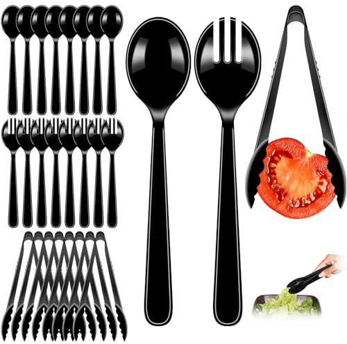 24 Pcs Black Plastic Serving Utensils Set - Heavy Duty Disposable Serving Spoons, Forks & Tongs (8 of Each) - BPA-Free Catering Supplies for Buffets, Parties, Weddings & Events (9 Inch)