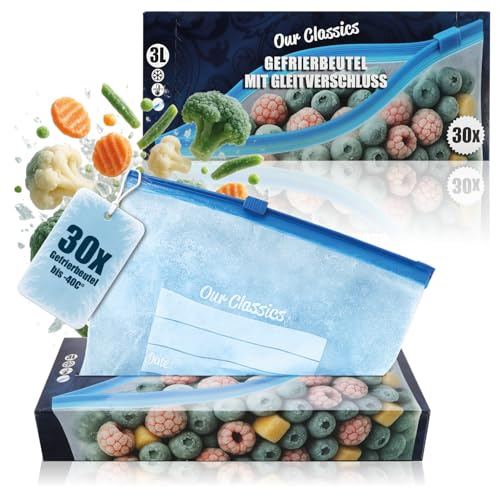 com-four® 30x Sacs congélation 3L avec fermeture, Pochettes réutilisables | Sachets polyvalents pour fraîcheur & arômes jusqu'à -40°C