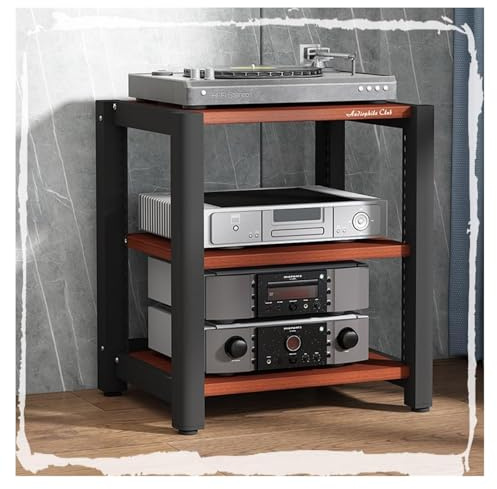 HiFi-utrustning, multifunktionellt ljudställ, ställ för musikutrustning på 2, 3, 4 och 5 nivåer med justerbara trähyllor (Teak, 60 x 50 x 64 cm-3Tier)
