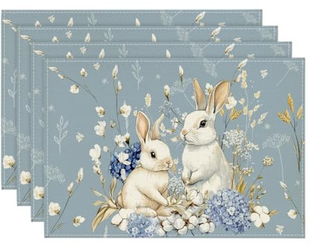 Artoid Mode Hortensie Hasen Blumen Blätter Ostern 4er Set Platzsets, 30x45cm Frühling Bankett Tischsets Platzdeckchen Küche Party Deko