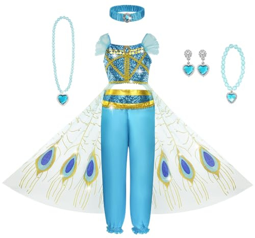 AOOWU Jasmine Princess Kostym för flickor, 7 st set med Jasmineklänning för flickor, med pannband, halsband, prinsessan jasminkostym, kostym för flickor, halloween, cosplay, födelsedag, karneval