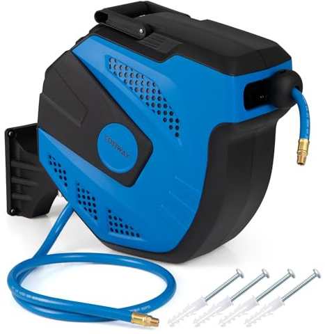 COSTWAY Avvolgitubo Aria Compressa da Parete, Tubo Aria Ibrido da 15 M con Tubo di Alimentazione da 1,5 M, Supporto Girevole a 180°, Avvolgitubo Automatico Retrattile per Garage e Officina