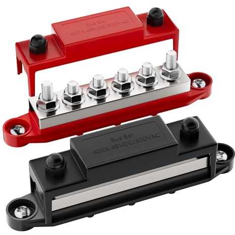 Joinfworld 400A Bus Bar 6 x 5/16 (M8) Terminal Studs -Positive & Negative | Power Distribution Block with Protect Cover,12 Volt Bus Bar for Car Marine Boat Automotive Solar System