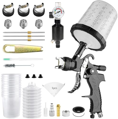 HVLP Lackeringspistol, sprutpistolsats med 1,4/1,7/2,5 mm munstycken och lufttrycksregulator för lackeringspistol, tryckluft, färgsprutpistol med 10 artiklar, 650 ml engångsfärgsprutpistolmugg (svart)