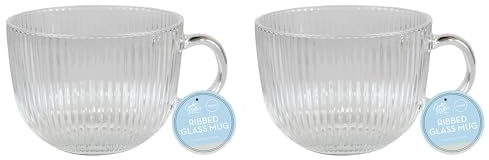 Cooke & Miller Glass Cappuccino Cups Set of 2 Clear Large Round Coffee Cup Drinking Mugs Coffee Glasses 500ml for Tea Latte Hot Chocolate Drinks Home Café, Ribbed, Dishwasher Safe