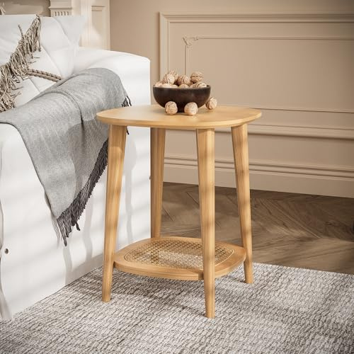 MIAUWUUFHOME Kleiner Beistelltisch, 2-stöckiger Massivholz-Beistelltisch mit Unterer Ablage, Mid-Century Modern Nachttisch für Kleine Räume, Wohnzimmer, Schlafzimmer, Einfache Montage, Eiche